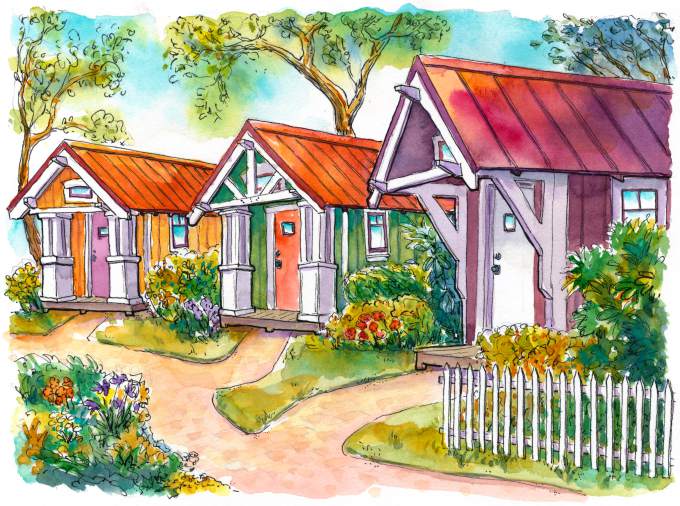 A community of tiny houses is being proposed in Sonoma County, California. It is designed for one-or two-person households and would function as a village co-op. (Richard Sheppard sketch)